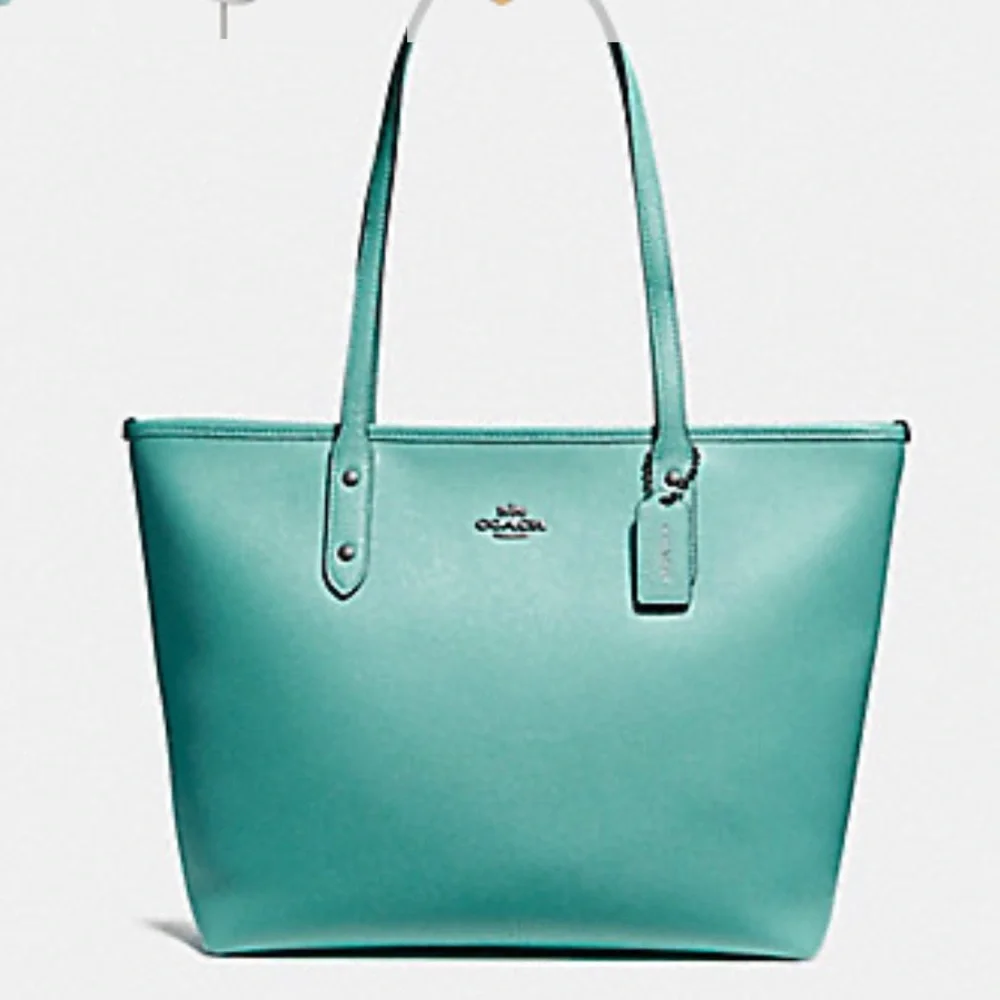 CITY TOTE WITH ZIPPER (COACH F57522) BLUE GREEN/BLACK ANTIQUE NICKEL